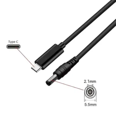 Vista lateral de Cable Usb C Macho / Plug Dc 5,5 X 2,1Mm Largo 1,5 M