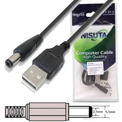 Vista lateral de Cable Usb A Macho / Plug Dc 5,5 X 2,5Mm Largo 1 M