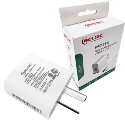 Detalles accesorios de Cargador 25W Usb-C Carga Rapida Pd + USB-A QC Belsic Con 2 Cables
