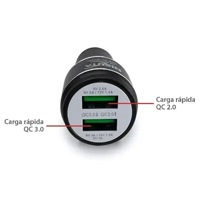 Vista lateral de Cargador Para Auto 12/24V Carga Rapida Qc 3.0 3,1A 2 Salidas
