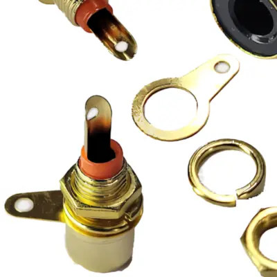 Detalles accesorios de Conector Ficha Rca Hembra Metal Dorada Rosca Chasis Negro