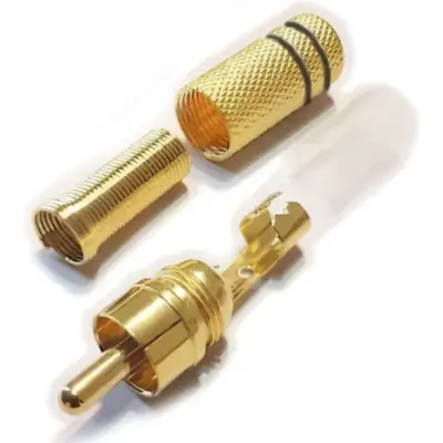 Vista lateral de Conector Ficha Rca Macho Metal Dorada Aro Negro