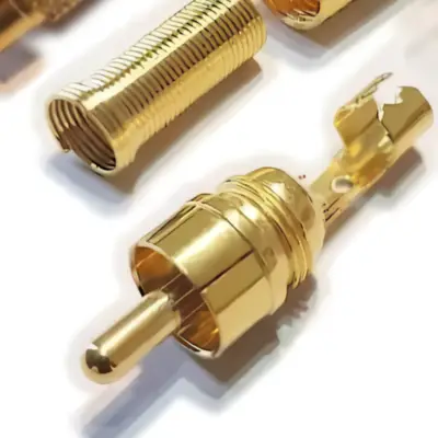 Detalles accesorios de Conector Ficha Rca Macho Metal Dorada Aro Negro