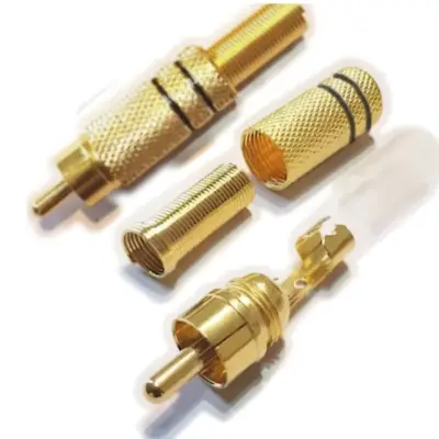 Detalles accesorios de Conector Ficha Rca Macho Metal Dorada Aro Negro