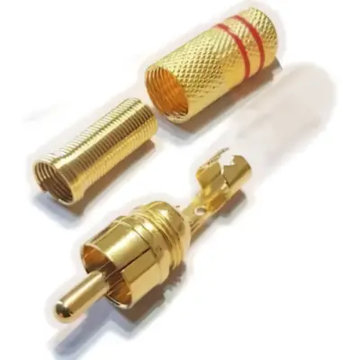 Vista lateral de Conector Ficha Rca Macho Metal Dorada Aro Rojo