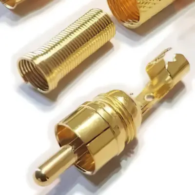 Detalles accesorios de Conector Ficha Rca Macho Metal Dorada Aro Rojo