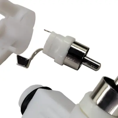 Detalles accesorios de Conector Ficha Rca Macho 90 Grados Plastico Blanco
