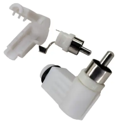 Detalles accesorios de Conector Ficha Rca Macho 90 Grados Plastico Blanco