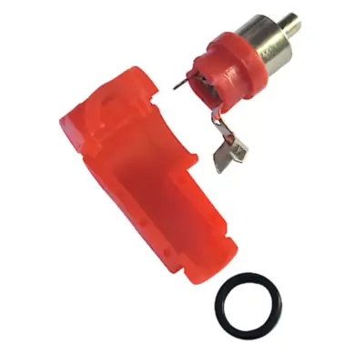 Vista lateral de Conector Ficha Rca Macho 90 Grados Plastico Rojo