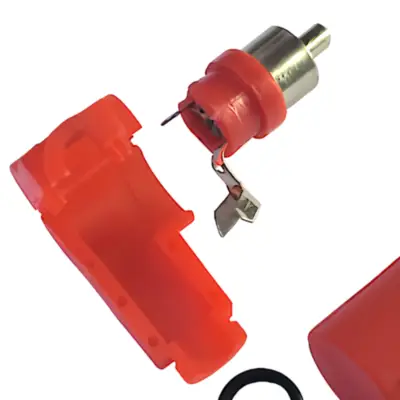 Detalles accesorios de Conector Ficha Rca Macho 90 Grados Plastico Rojo