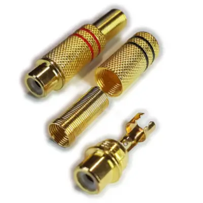 Detalles accesorios de Conector Ficha Rca Hembra Metal Dorada Aro Rojo