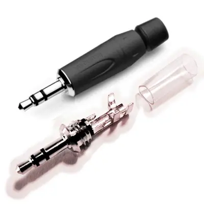 Vista lateral de Conector Ficha Miniplug 3,5 Macho Estereo Amphenol Metal Negro