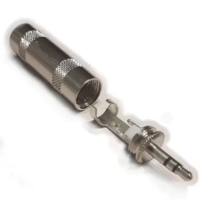 Vista lateral de Conector Ficha Miniplug 3,5 Macho Estereo Metal Plata Studioz