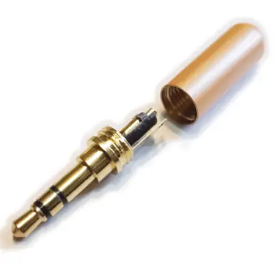 Vista lateral de Conector Ficha Miniplug 3,5 Macho Estereo Cuerpo Compacto Dorado 7Mm Diam