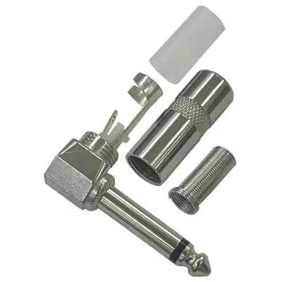 Vista lateral de Conector Ficha Mono Plug 6,5 Macho 90 Grados Metal Con Colita