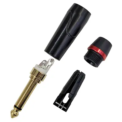 Vista lateral de Conector Ficha Mono Plug 6,5 Macho Metal Alta Calidad Negro Aro Rojo
