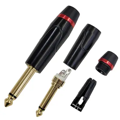 Detalles accesorios de Conector Ficha Mono Plug 6,5 Macho Metal Alta Calidad Negro Aro Rojo