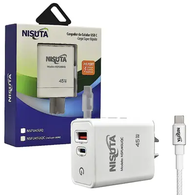 Detalles accesorios de Cargador 45W Usb-C Pd + Usb-A Qc Carga Rapida Nisuta con Cable USB-C