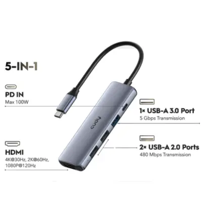 Vista lateral de Adaptador Conversor Usb C Macho / Hdmi + USB-A + USB-C + PD