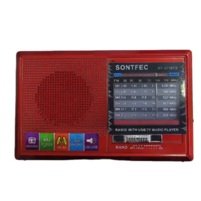 Vista lateral de Radio Am/Fm SONFTEC ST-321BTS Usb Recargable Bluetooth Mp3 Panel Solar Roja