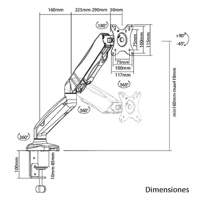 Detalles accesorios de Soporte Escritorio 13 A 27 Pulg Max 6,5Kg A Gas Nisuta