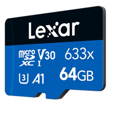 Vista lateral de Memoria micro SD 64GB Lexar CL10 633x SDXC UHS-I c/adaptador