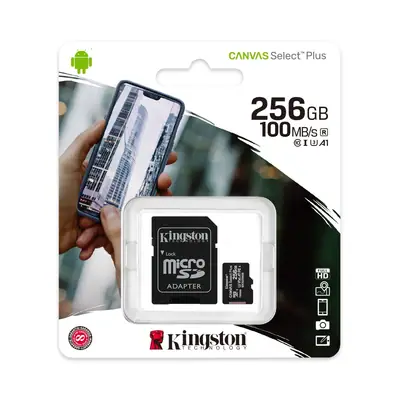Detalles accesorios de Memoria Micro Sd 256Gb Kingston Cl10 Canvas Select Plus C/Adaptador 100 Mb/S