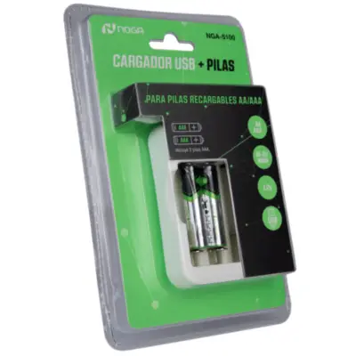 Vista lateral de Cargador Para 4 Pilas Aa Aaa Noga NG-5100 USB Incluye 2 Pilas AAA