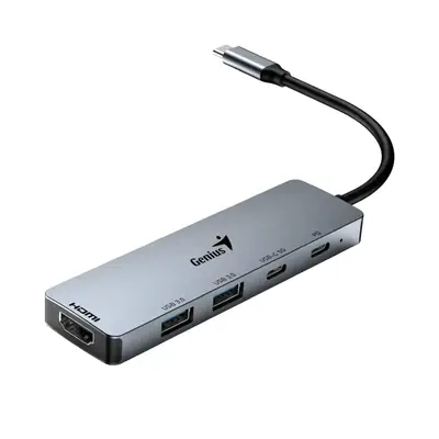 Vista lateral de Adaptador Conversor Usb C Macho / Hdmi Hembra + Hub 1Xusb-C/2Xusb-A/1Xusb-C(Pd) Genius Uh-500