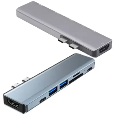 Vista lateral de Adaptador Conversor Usb C Macho / Hdmi + USB-A + USB-C + PD + Lector Tarjetas