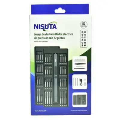 Detalles accesorios de Kit Destornillador Electrico Recargable 82 Piezas Nisuta NSKDE82