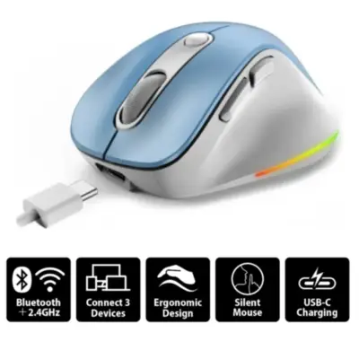 Vista lateral de Mouse Bluetooth Inalambrico Genius 2,4 Ghz + BT Ergo 9000S PRO Celeste