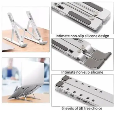 Detalles accesorios de Soporte Apoya Notebook / Tablet Plegable Metalico Plateado