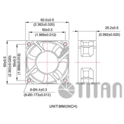 Vista lateral de Fan 60Mm 3Pin 25Mm Espesor 4500Rpm Buje Titan
