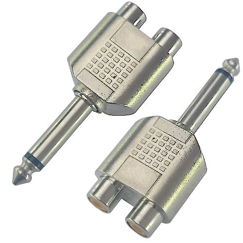 ADAPTADOR PLUG 6,5 MONO MACHO A 2 RCA HEMBRA PLASTICO PLATEADO