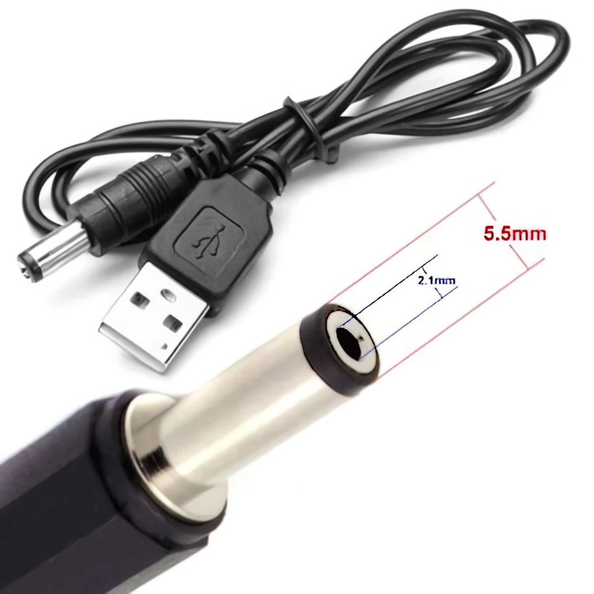 Vista lateral de Cable Usb A Macho / Plug Dc 5,5 X 2,1Mm Largo 0,70 M 1A