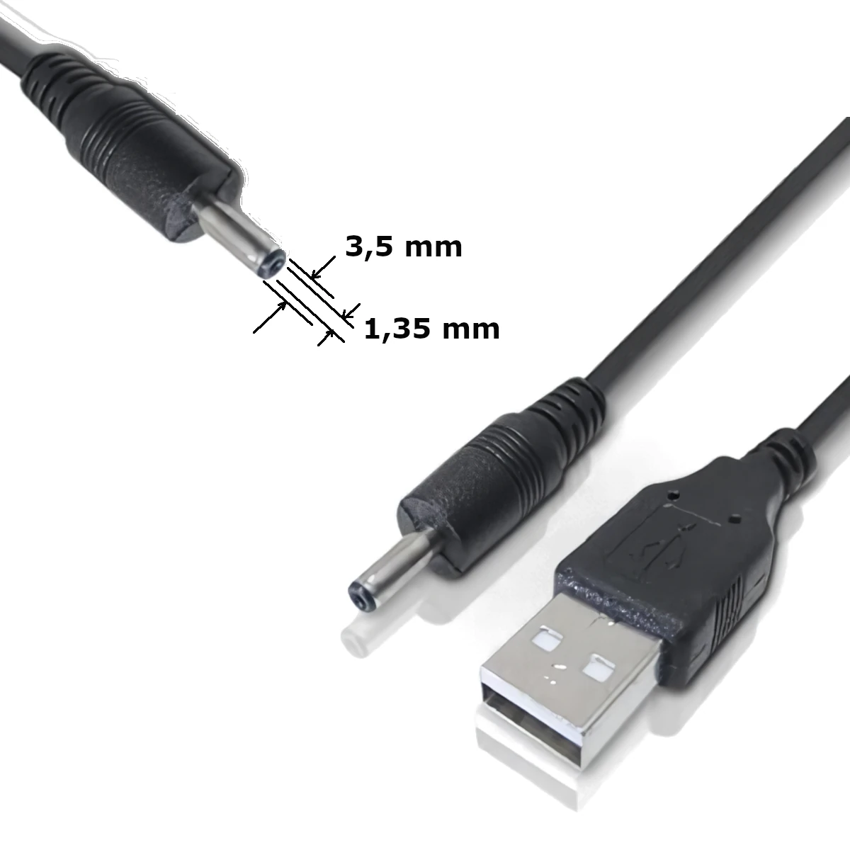 Vista lateral de Cable Usb A Macho / Plug Dc 3,5 X 1,35Mm Largo 1 M Nisuta