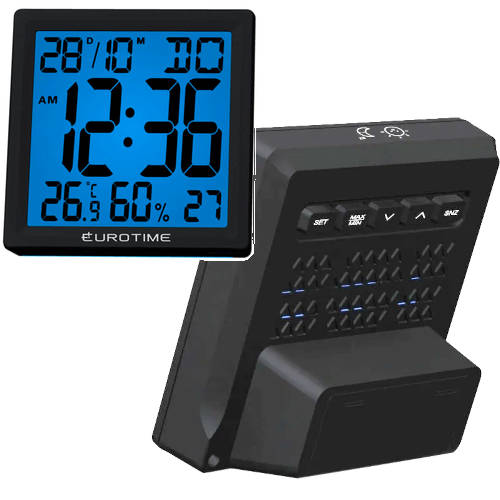 RELOJ DESPERTADOR EUROTIME 532 NEGRO CON FECHA Y TEMPERATURA PILAS INCLUIDAS
