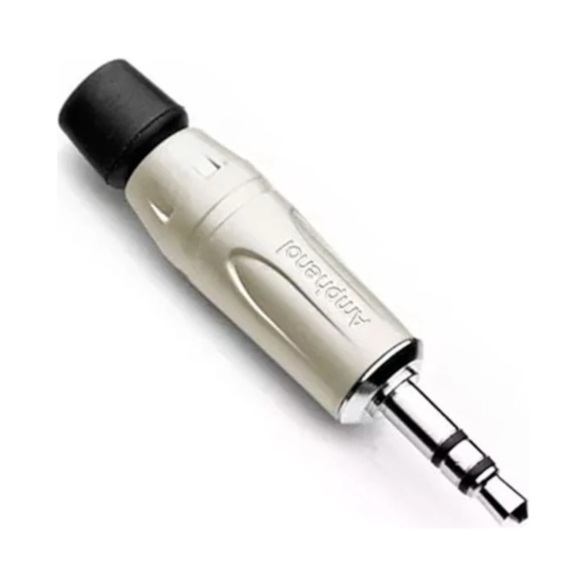 Vista lateral de Conector Ficha Miniplug 3,5 Macho Estereo Amphenol Metal Plata