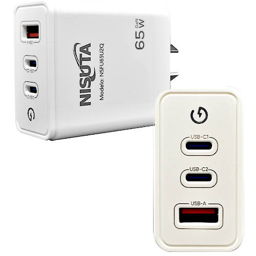 CARGADOR 65W USB-C PD x 2 + USB-A QC CARGA RAPIDA NISUTA SIN CABLE CARGADOR 65W USB-C PD x 2 + USB-A QC CARGA RAPIDA NISUTA SIN CABLE