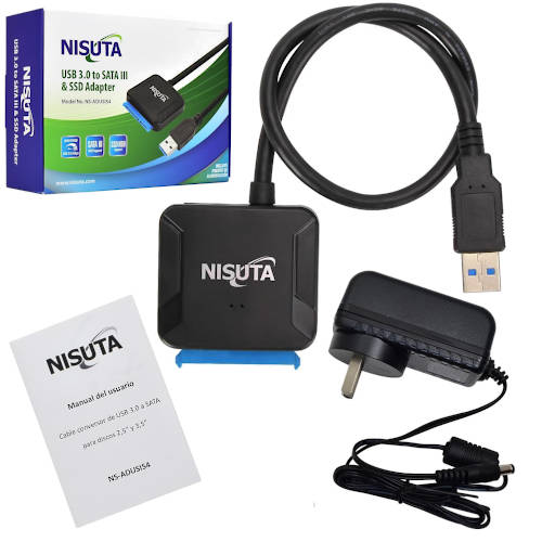  ADAPTADOR USB 3.0 a SATA III NISUTA C/FUENTE P/DISCOS SSD HDD 2,5 Y 3,5