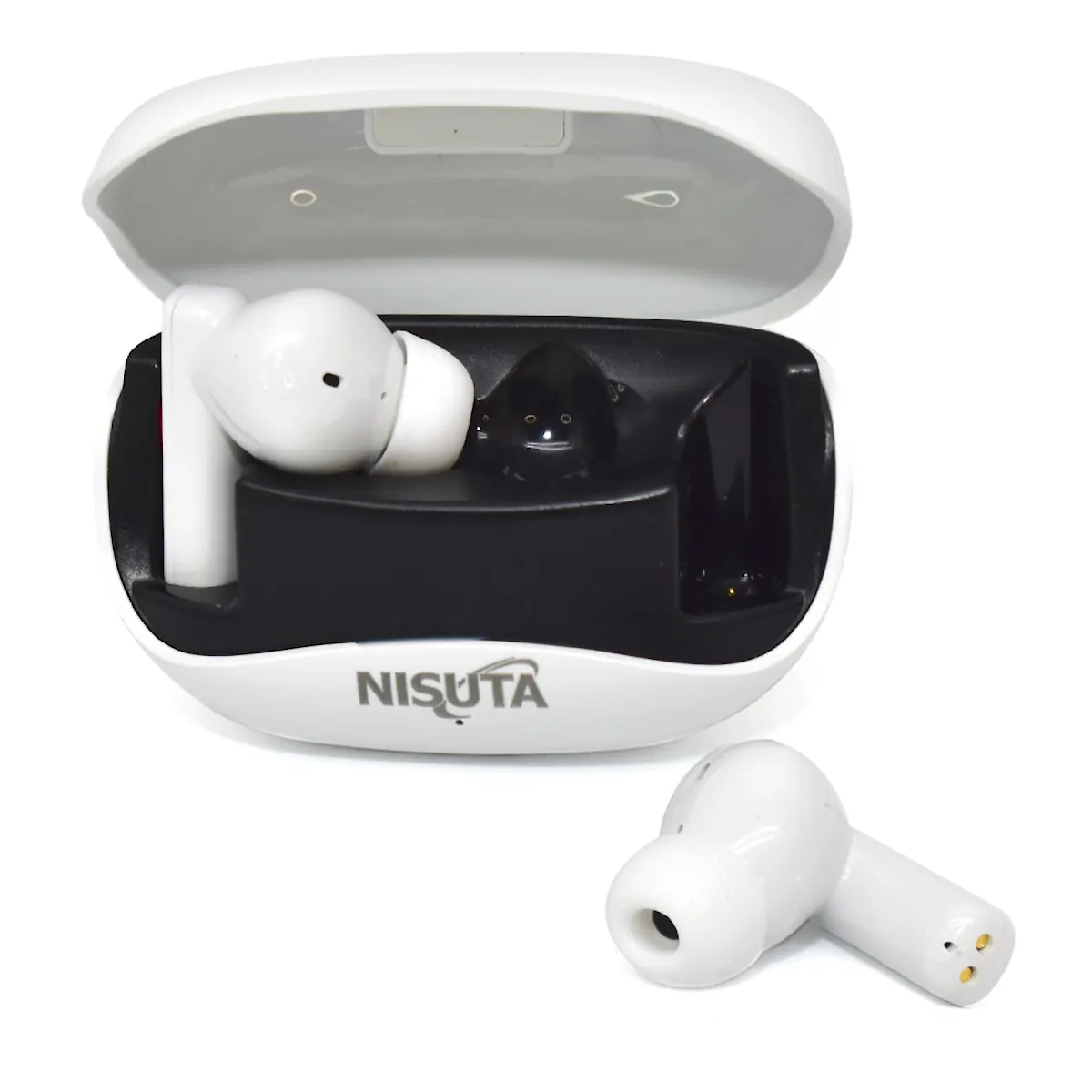 Vista lateral de Auricular Inalambrico Bluetooth con reduccion ruidos Nisuta Blanco