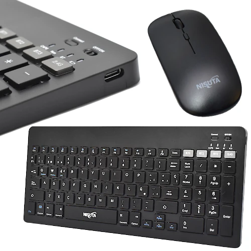 Detalles o accesorios de Kit Teclado Nisuta Inalambrico + Bluetooth Compacto Espanol Negro Recargable