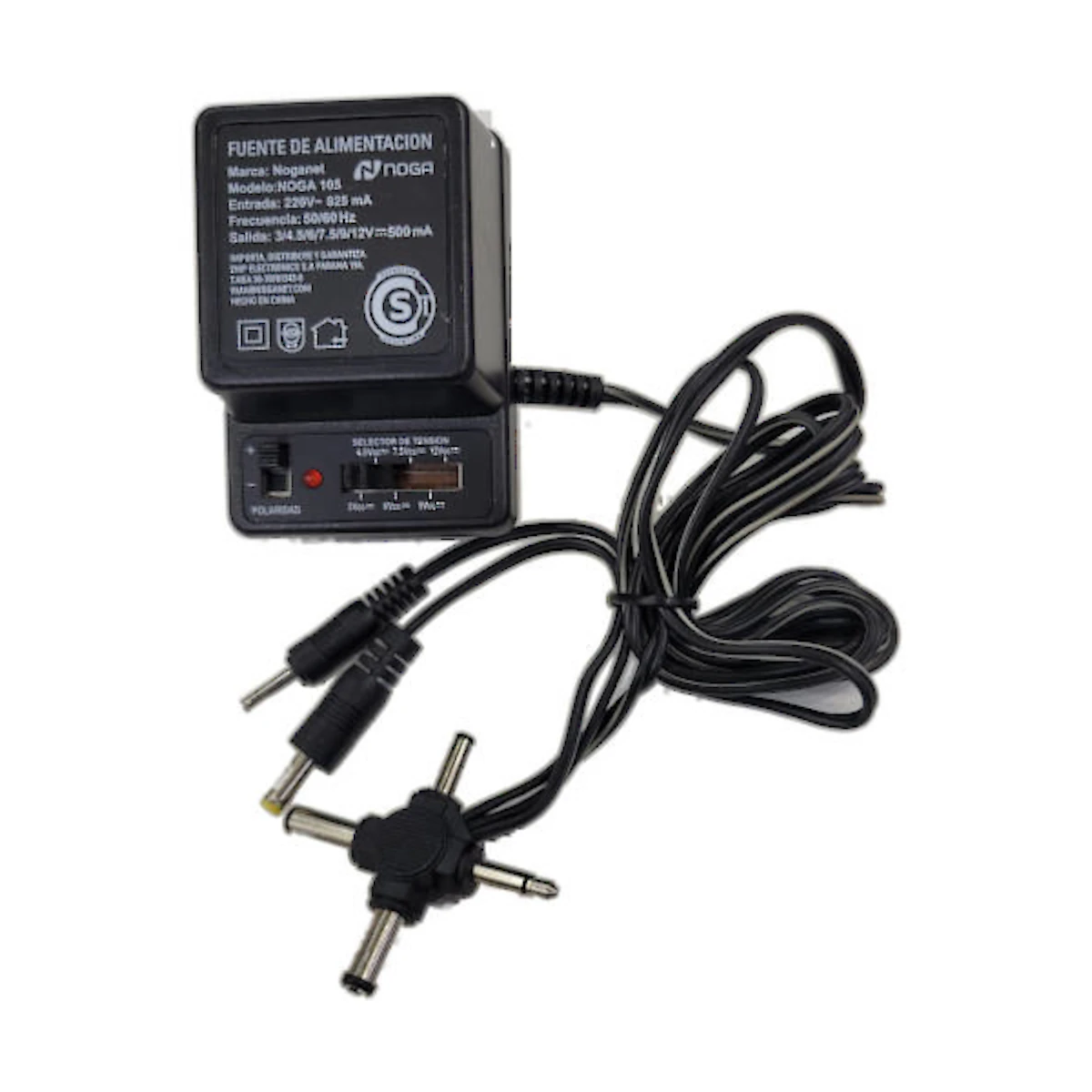 Vista lateral de Fuente Multiple Universal Multivoltaje 500Ma Noga 105 Con Ficha Multiples