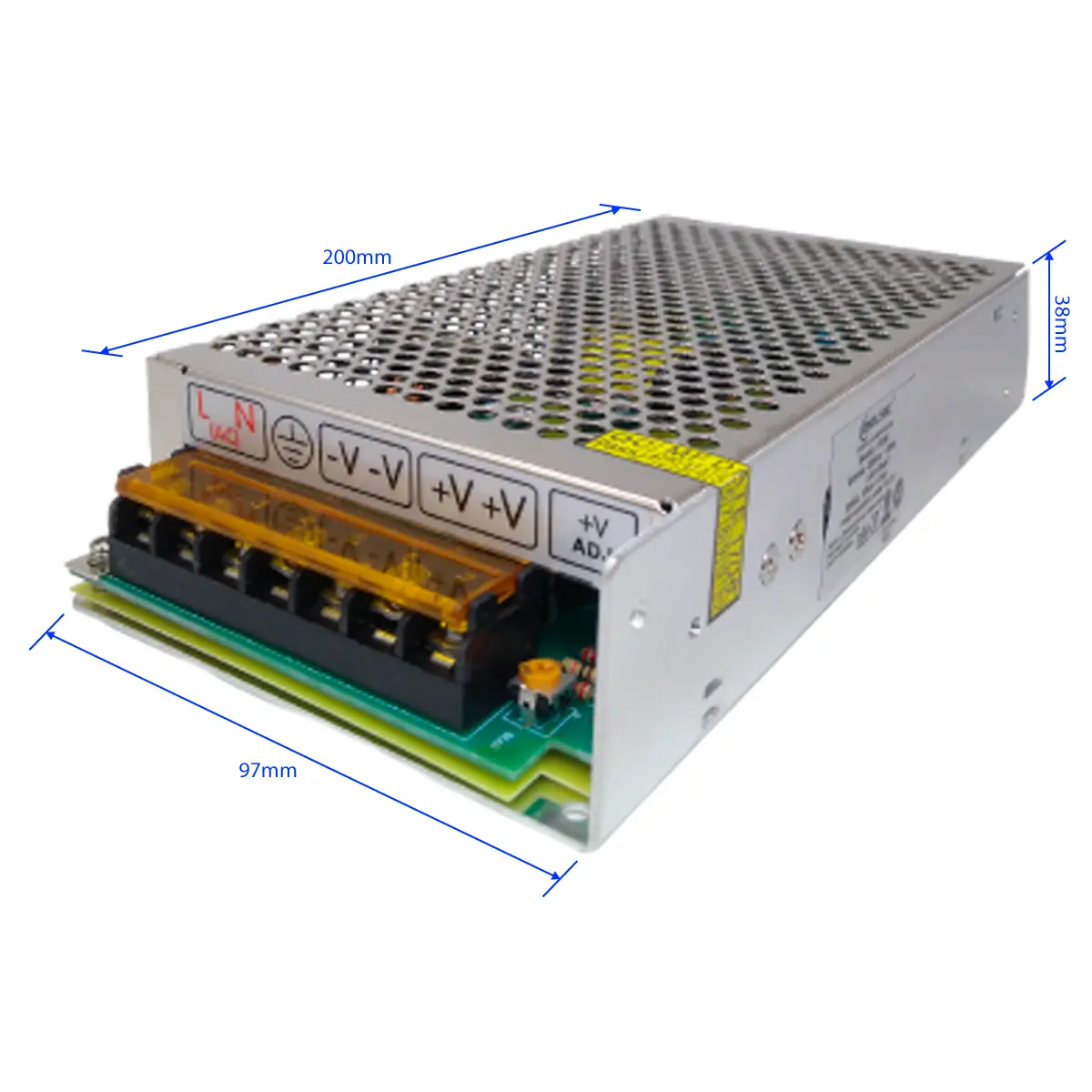 Vista lateral de Fuente Switching 12V 10A Metalica Con Bornera