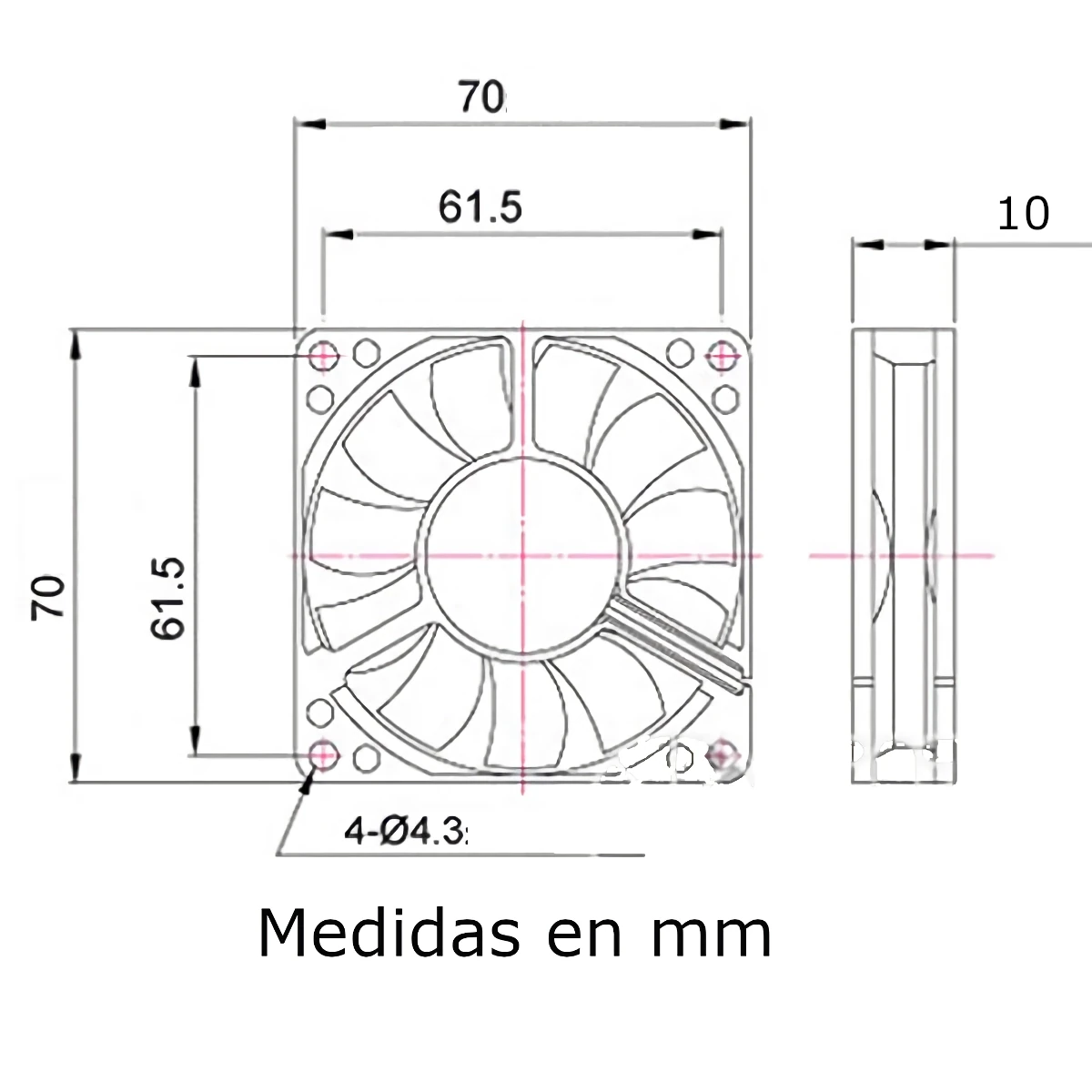 Vista lateral de Fan 70Mm 3Pin 10Mm Espesor 3500Rpm Rulem+Buje Titan