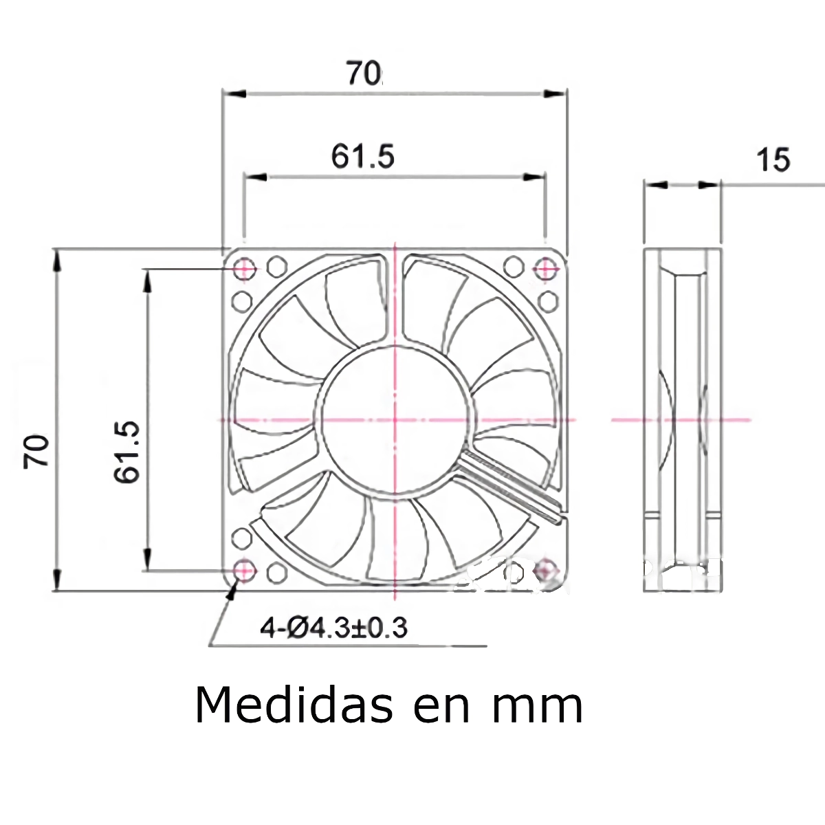 Vista lateral de Fan 70Mm 3Pin 15Mm Espesor 3500Rpm Buje Titan